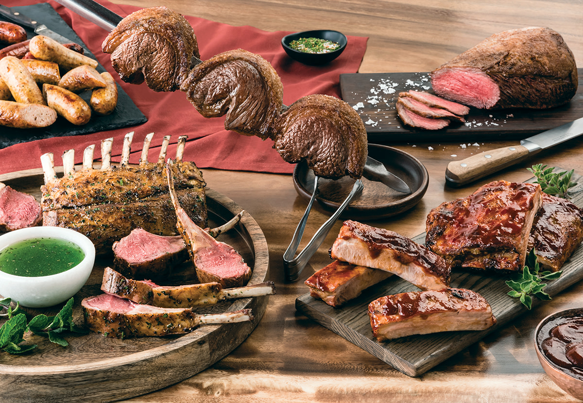 Texas de Brazil signature dishes Picanha, Brazilian Sausage, Lamb Chops, and Filet Mignon 
